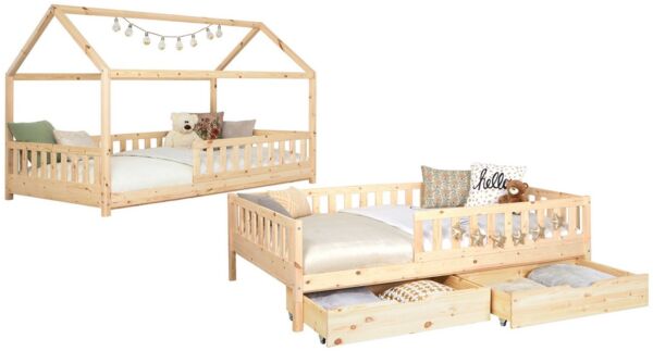 Ticaa Hausbett Duo mit Rausfallschutz und Schubkasten aus Kiefer, Bodenbett 140x200, inkl. abnehmbarem Dach, mit Rollrost, mit Matratze
