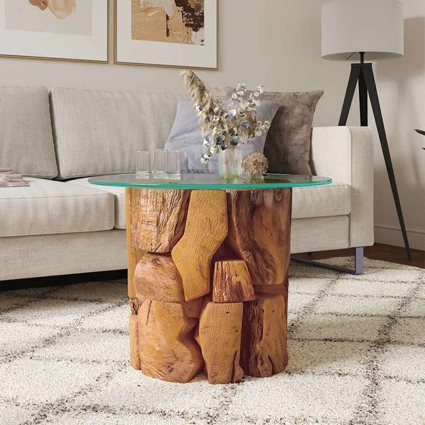 vidaXL Couchtisch, massives Teak-Treibholz natur/Hartglas, Ø60 cm
