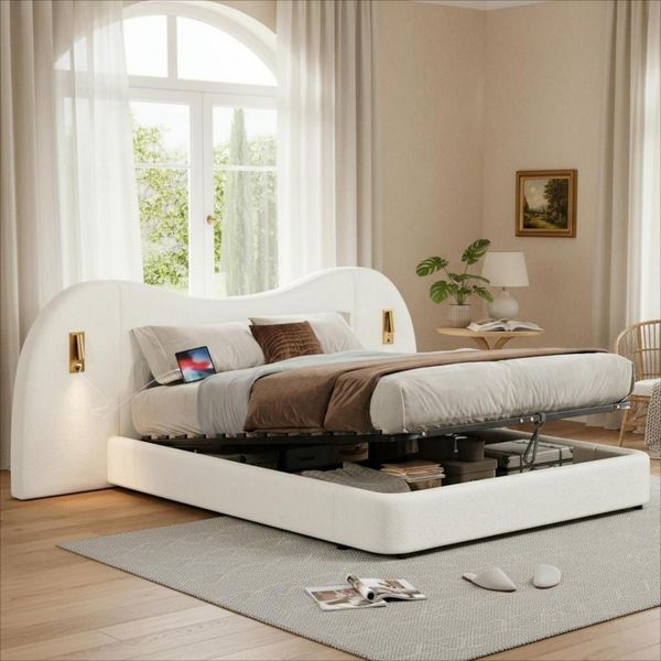 Merax Polsterbett, Doppelbett, 180*200cm, hydraulisches Funktionsbett, mit USB-Ladeanschluss und Leselampe, Bett mit Lattenrost, Kopfteil und großem Stauraum, Bouclé, Weiß
