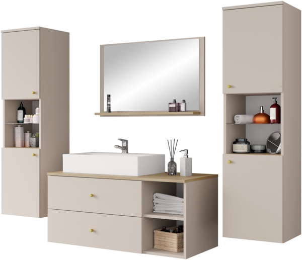 Badmöbel Set Kormen III mit Waschbecken und Siphon (Farbe: Wüstensand + Eiche Cremona)