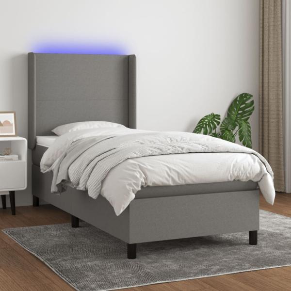 vidaXL Boxspringbett mit Matratze & LED Dunkelgrau 90x190 cm Stoff 3138118