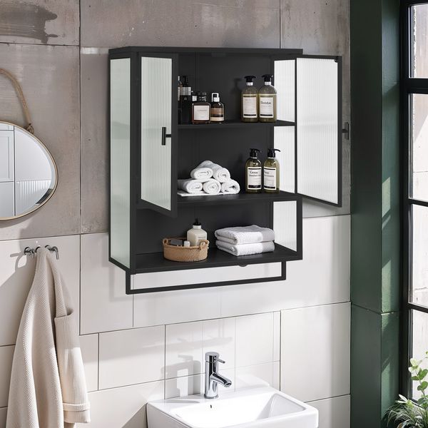 Wand-Sideboard mit geriffeltem Glas Schwarz aus Metall und Sicherheitsglas, Aufbewahrungsschrank mit 2 Türen