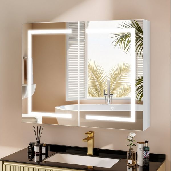 oyajia Spiegelschrank Badezimmerschrank mit LED-Beleuchtung (Badschrank mit 2 Türen, verstellbare Ablagen) 3 dimmbare Farbtemperaturen