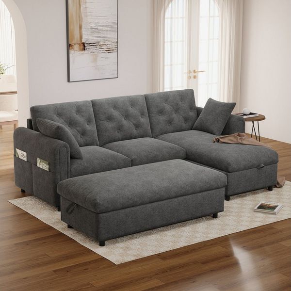 Flieks Ecksofa mit Schlaffunktion & Bettkasten, Chaiselongue links/rechts wechselbar, 219×131×86 cm, L-Form 3-Sitzer Schlafsofa inkl. Hocker mit Stauraum Samt Grau
