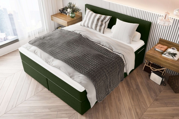 99rooms 'Phönix' Boxspringbett, Dunkelgrün, 140x200 cm, Webstoff MALMO_NEW