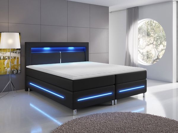 Boxspringbett Amarante LED, Blauer LED-Beleuchtung, Schwarz, 160x200 cm