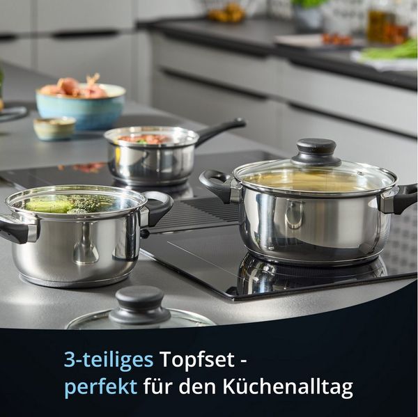 KHG Topf-Set mit Glasdeckeln, für alle Herdarten inklusive Induktion, Edelstahl (5-tlg), Unbeschichtet, Dampfloch im Deckel, Innenskala, spülmaschinenfest