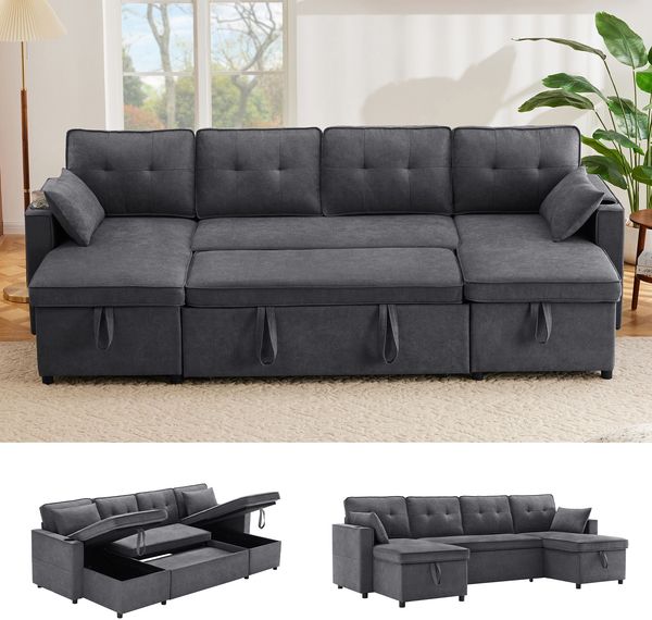Merax Schlafsofa mit Schlaffunktion, U-förmiges Sofa, Polstersofa, Baumwoll- und Leinenstoffe, mit Getränkehalter, zwei Stauräume, Grau