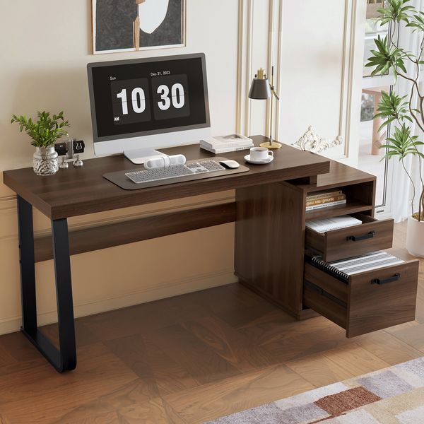 Schreibtisch aus MDF und Stahl mit Schublade & offenem Fach,Stabiler Computertisch, Büro & Homeoffice,Dunkelbraun