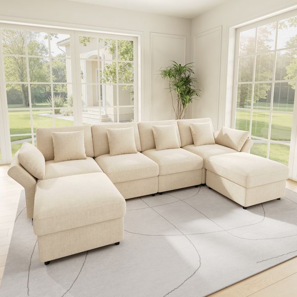 Modulares U-/L-förmiges Chenille-Sofa mit 2 Hockern, umwandelbare Eckcouch mit verstellbaren Armlehnen, Cloud-Sofa-Design, inkl. 4 Dekokissen und 2 Kopfstützen, Beige