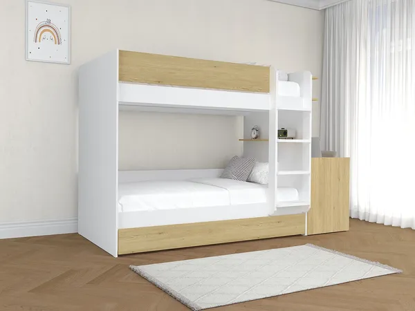 Vente-unique - DOMATI Bett Holz, Platte BeigeWeiß - B 100,4 cm x H 160,3 cm x L 196 cm