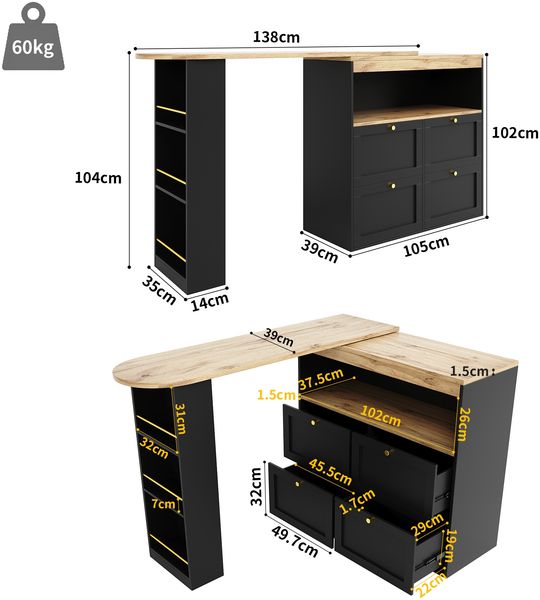 Sideboard B 105 x T 39 x H 102 cm mit 360°-Drehseite, 4 Schubladen, MDF, schwarz Bild 4