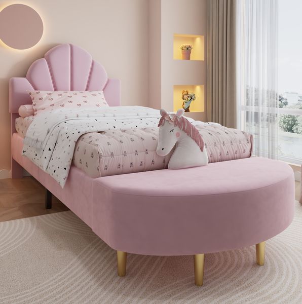 Polsterbett 90x200 cm mit Samtkopfteil & passender Bettbank in Rosa, ohne Matratze