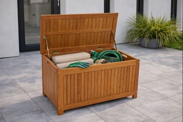 DEGAMO Gartenbox PORTO, kleine Ausführung 90x45x45cm, Eukalyptus Holz geölt
