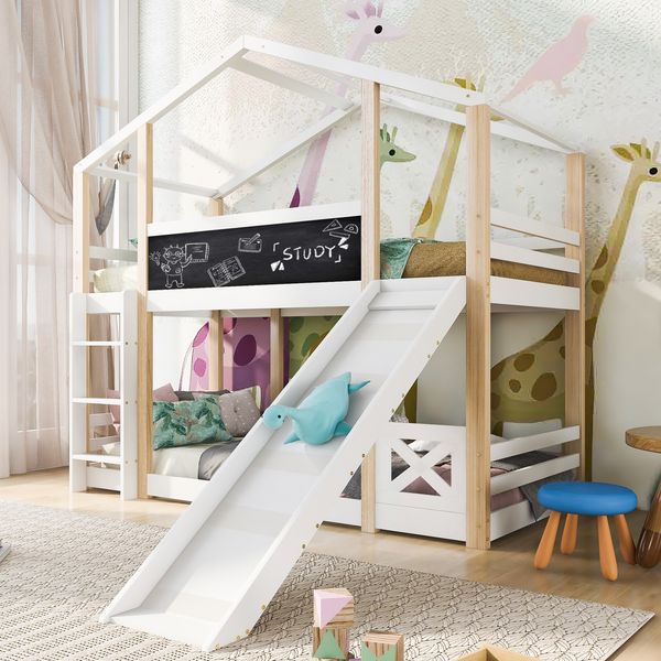 Etagenbett 90×200 cm aus Massivholz mit Rutsche und Sicherheitsleiter, weiß