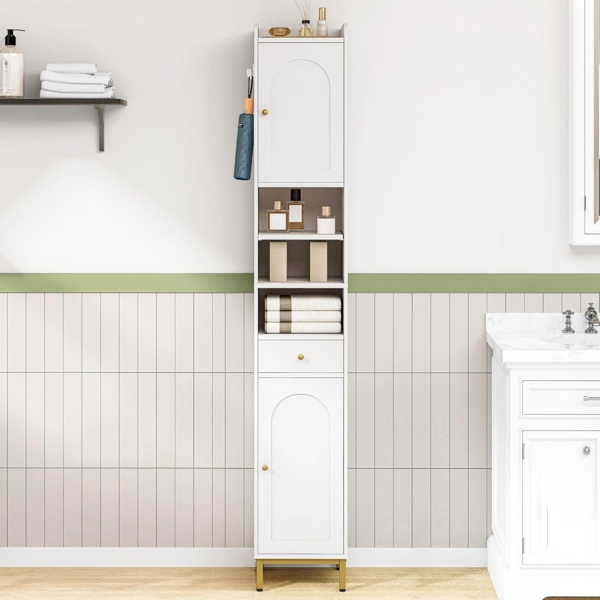 Badezimmerschrank, Badschrank Hochschrank, Hoher Badezimmer mit 2 Türen und Schublade, Offene Fach, Badschrank mit Verstellbarem Regal Für Wohnzimmer, Arbeitszimmer, Weiß