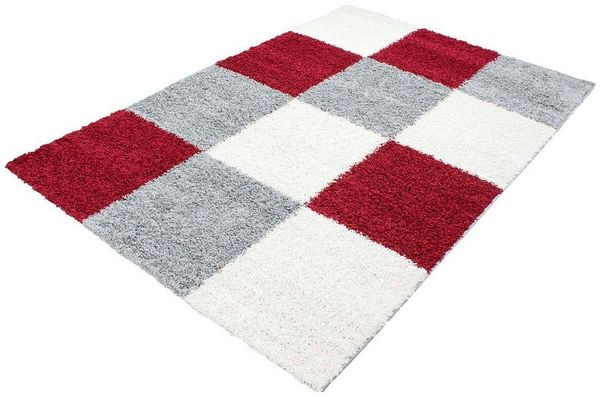 TeppichHome24 Teppich Shaggy Teppich Karo Design Rot Grau Cream, rechteckig