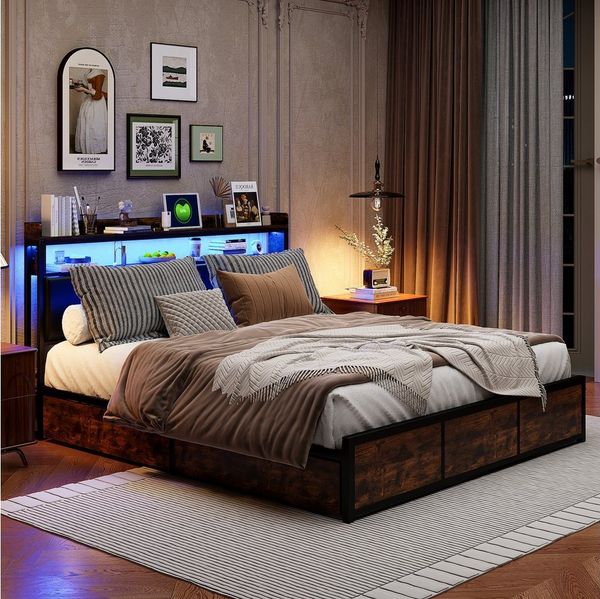 PXloue Polsterbett LED Doppelbett Metallbett Massivholzbett, Stauraumbett,Mit 4 Schubladen und LED-Beleuchtung,180x200cm