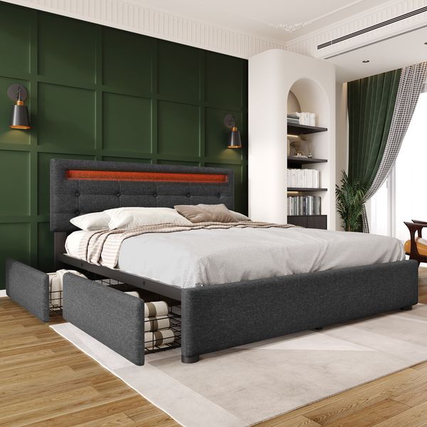 Polsterbett Leinen mit LED-Kopfteil & 4 Schubladen, 140x200 cm, Grau, ohne Matratze