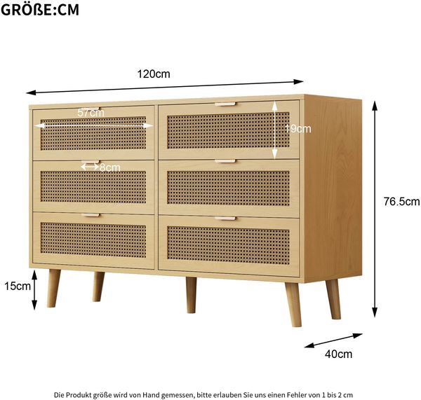 Kommode B 120 x T 40 x H 76,5 cm mit 6 Schubladen, Rattan-Front in Walnussoptik, Massivholzbeine Bild 5