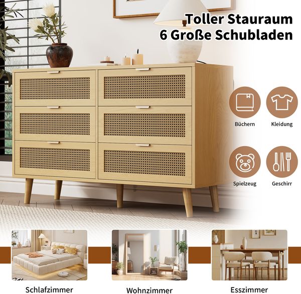 Kommode B 120 x T 40 x H 76,5 cm mit 6 Schubladen, Rattan-Front in Walnussoptik, Massivholzbeine Bild 7