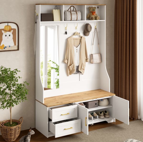Garderobenschrank 120 x 40 x 187 cm aus MDF in Weiß und Holzoptik mit LED, Spiegel, Haken, Schubladen und Türen