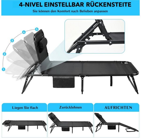 TLGREEN Klappbett Gästebett,Gartenliege,XL Sonnenliege,5-stufig Verstellbar Liegestuhl, (190 * 68 * 31 cm Klappbar mit Auflage Wasserdicht, Campingliege, 2-St) für Balkon, bis 150kg