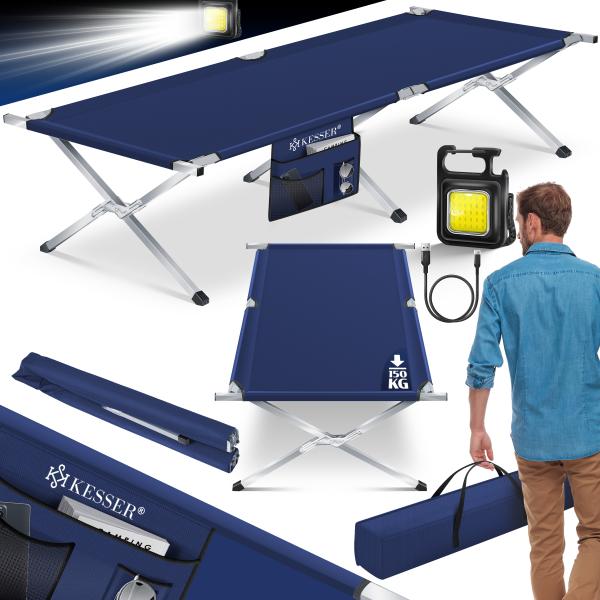 KESSER® Campingbett Klappbett Inkl. Tragetasche und Seitentasche Stabiles Feldbett 150 kg Belastbar Metallrohr 600D Oxfordgewebe Tragbar Liege Reise Bequem Navyblau, 190 cm