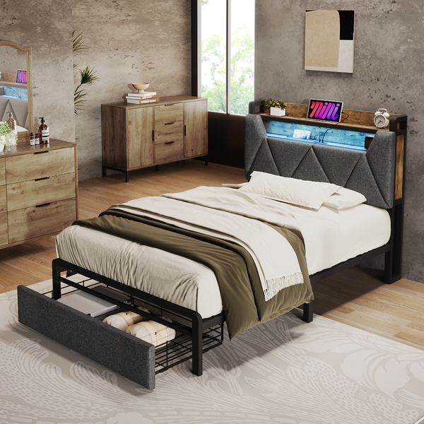Polsterbett 90×200 cm aus Leinen-Stoff mit LED-Beleuchtung und USB-C-Ladestation, grau