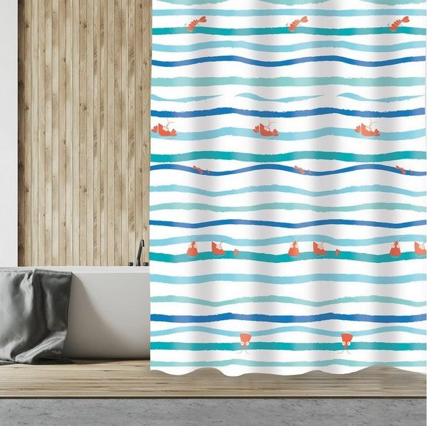 MSV Duschvorhang DEEP OCEAN Breite 180 cm, Textil-Duschvorhang, 100% Polyester, wasserabweisend, Anti-Schimmel-Effekt, waschbar 30°, maritimes Design, Farbe weiß / bunt, 180x200 cm