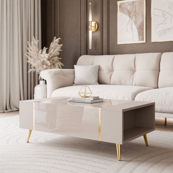 Lookway Couchtisch ONYX – Kaschmir Hochglanz mit goldenen Beinen (1x Tisch), Breite: 104 cm