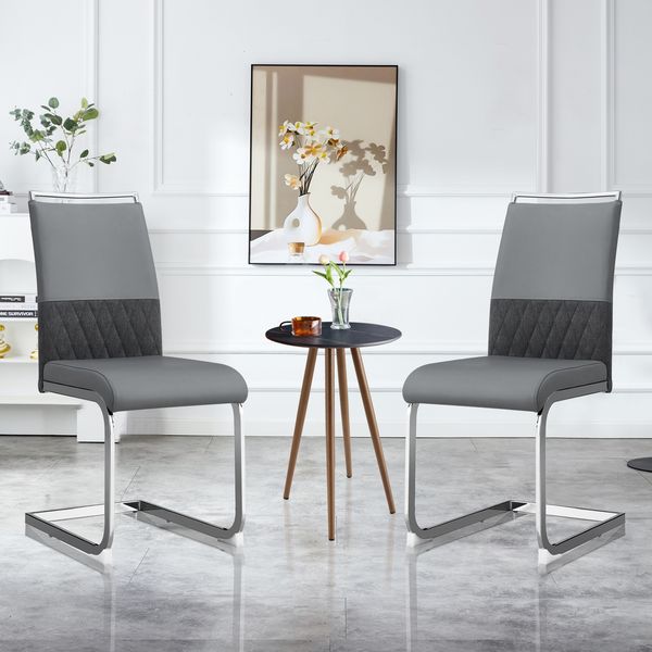 Esszimmerstuhl 2er-Set mit Kunstleder- und Leinenpolsterung, ergonomischer Küchen- und Bürostuhl, grau