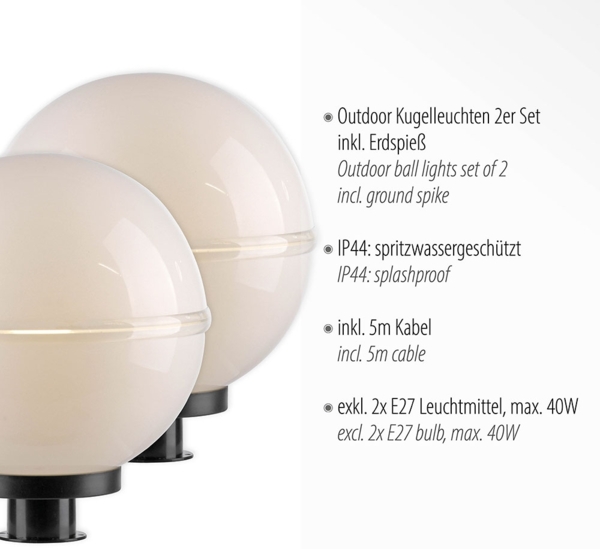 2x Außen Steckleuchten, Kugel, weiß, Erdspieß, Kabel, D 30 cm Bild 7