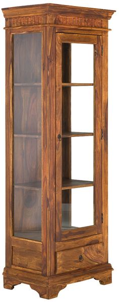 Vitrine Akazie braun 65x185x43 cm massivum Merlow schmale Standvitrine mit Glastür Holzvitrine Landhausstil Glasschrank Schublade