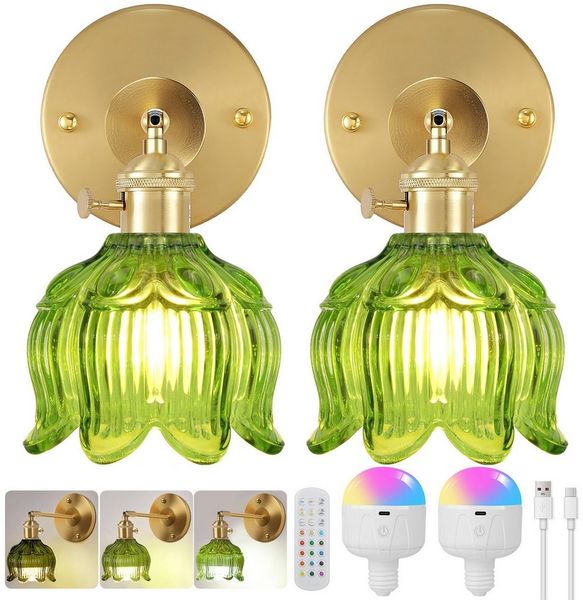 Rosnek Wandleuchte LED Wandlampe Modern Dimmbar RGB mit Fernbedienung, Glas Grüne Blumen, Einstellbar, LED fest integriert, Warmweiß, Neutralweiß, Kaltweiß, RGB, Helligkeit einstellbar von 15%-100%, Timer, Wiederaufladbar E27 Kabelloses Nachtlicht für ...