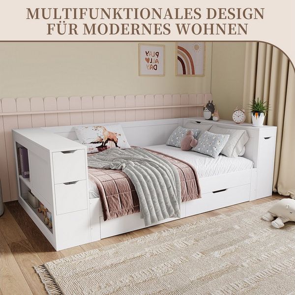 SeedWave Daybett Holzbett mit Stauraum, Ausziehbares Regal im Kopfteil, 90/140×200cm, Aufbewahrungskasten mit Klappdeckel