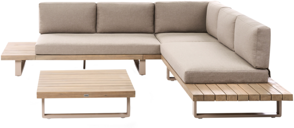 Garten Ecksofa mit Tisch 5-Sitzer MYKONOS rechtsseitig zertifiziertes Akazienholz Taupe