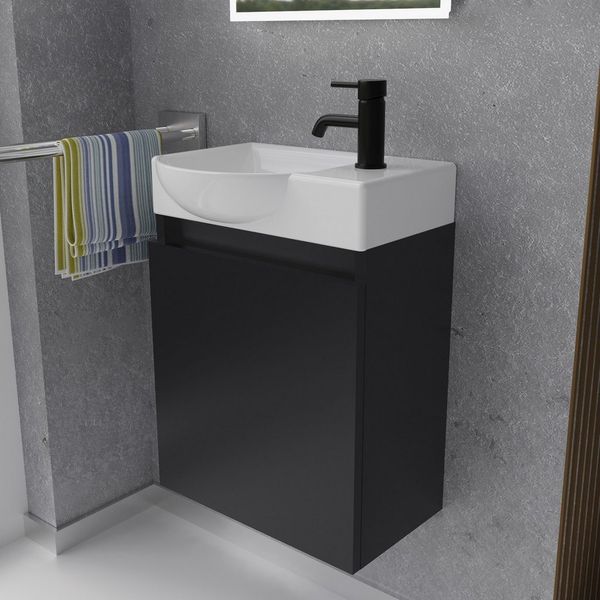 Alpenberger Badmöbel-Set Gäste WC Waschbecken mit Unterschrank - Hängeschrank Vormontiert, (Badschrank 2-tlg, Waschtisch hängend), Waschbeckenunterschrank Schwarz mit Softclose