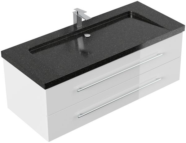 Badmöbel Granit Galaxy Black Damo 130 cm 1 Hahnloch SoftClose weiß hochglanz : Weiss hochglanz
