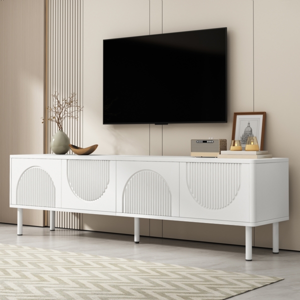 TV-Lowboard 180 cm,Mattweißes TV-Möbel mit 4 Fächern, 3D-Relieftüren, Kabelmanagement