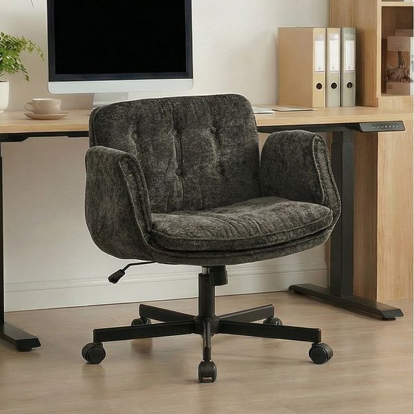Leawin Drehstuhl Bürostuhl ergonomisch mit breitem Sitz & 5-fach Armlehnen, Schreibtischstuhl mit Chenille-Bezug, Rollen & 150 kg