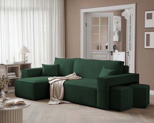 Ecksofa Schlafsofa Sofa ADARA inkl. Hocker Stoff Poso Grün Ottomane Links