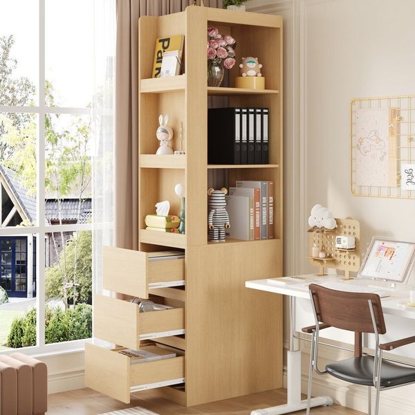 Flieks Eckschrank Bücherregal mit 3 seitlichen Schubladen und austauschbarer Ablagen (1-St, B40/T60/H200 cm) Standregal Mehrzweckschrank Eckregal Wohnzimmerschrank Holzoptik