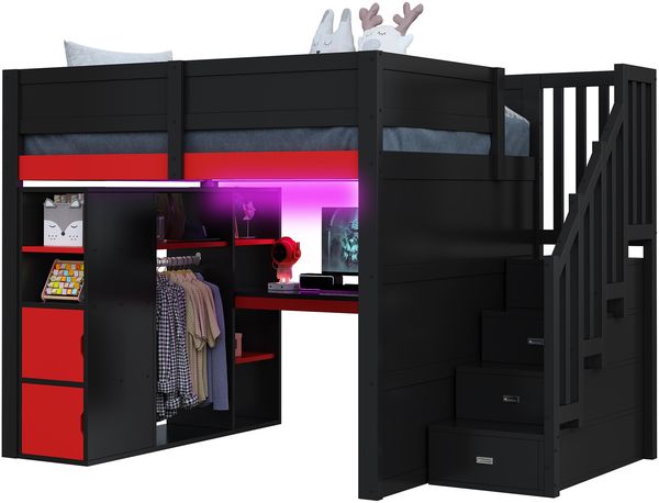 140x200 Gaming-Holz-Hochbett mit Schreibtisch, mehrstufigem Stauraum, LED-Beleuchtung, USB-Ladeanschluss und schwarzer Treppe mit Stauraum, Schwarz + Rot