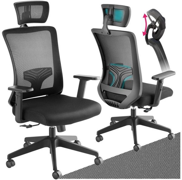 tectake Drehstuhl Bürostuhl (Set, 1 St), Hohe Rückenlehne, flexibel anpassbarer Kopflehne + Lordosenstütze
