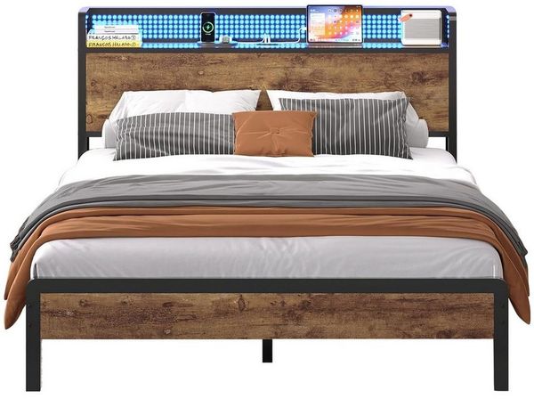 KIMENICH Metallbett mit LED-Beleuchtung – Metallrahmen, Ladestation, Vintage Braun (1-tlg, Ohne Matratze), Jugendbett, Bettgestell 140x200cm