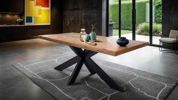 Massivart® Esstisch Mango gebeizt lackiert 200 cm / 55 mm Platte / »TIMKA«, Massivholztisch · Spider Gestell schwarz Metall · Industrial Look