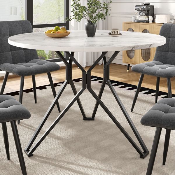 Runder Esstisch (100×100×76cm), Küchen-Esstisch, runder Couchtisch für 4 Personen, geeignet für Esszimmer, Wohnzimmer, stilvolle Tischbeine aus Metall, Tischplatte aus MDF-Marmor, schwarz