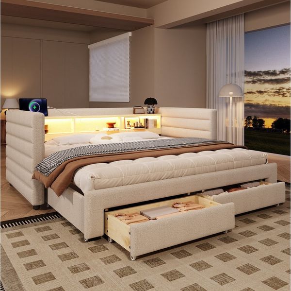 OKWISH Schlafsofa Polsterbett Kinderbett, mit LED-Licht, multifunktionalem Ausziehbett & Stauraum 90x190/180x190 cm, ohne Matratze