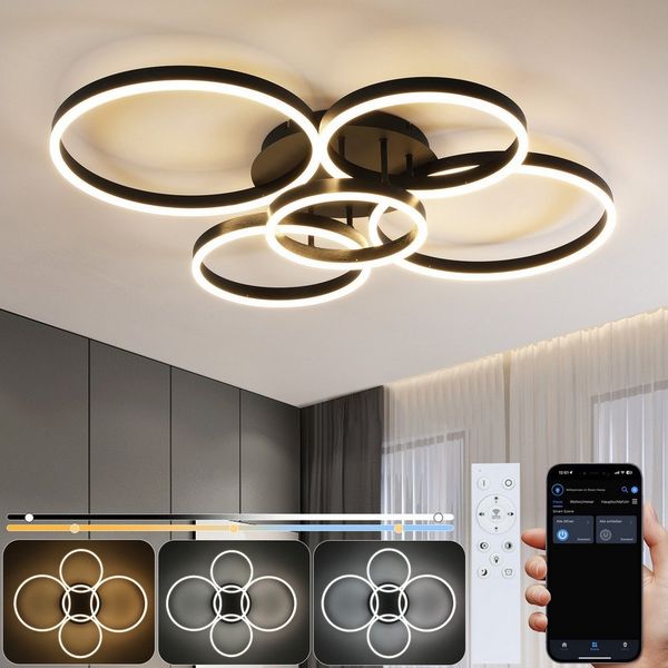 ZMH LED Deckenleuchte Wohnzimmerlampe Dimmbar 78W, 3000-6500K, 5-Ringen Gold Modern Acryl mit Fernbedienung